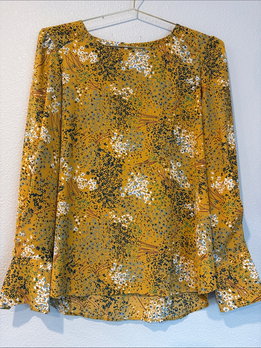LOFT Mustard Floral Print Long-Sleeve Blouse
